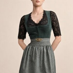 New Small Black Lace Dirndl Blouse Undershirt Top V Neck Crop Oktoberfest